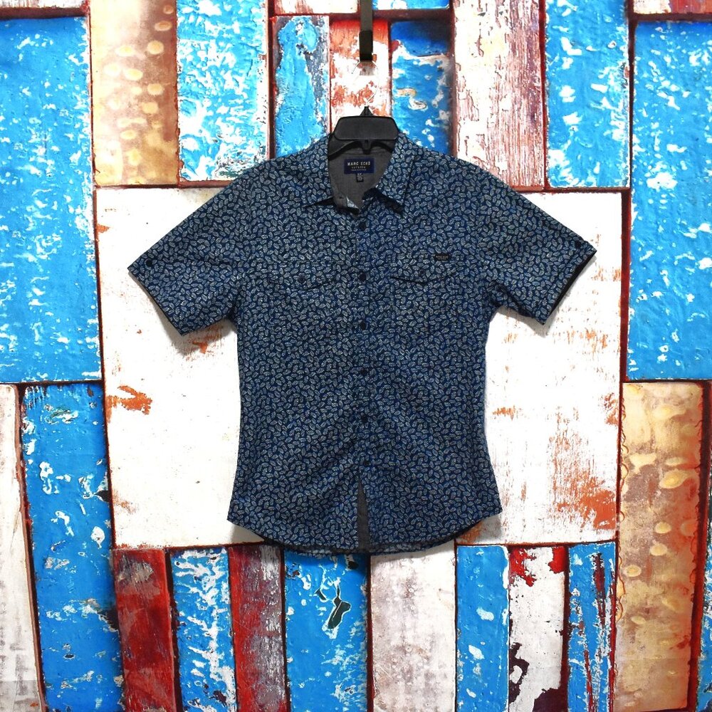 Men's Marc Eckō Cut & Sew Short Sleeve Button Up Floral Pattern SMALL Blue
